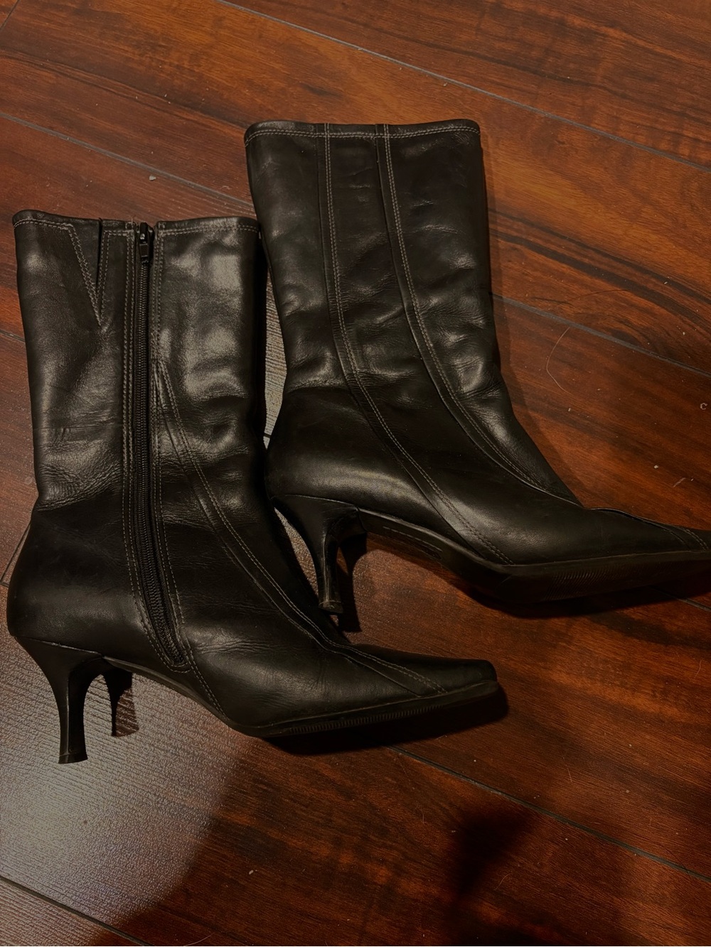 Genuine Leather Mid-Calf Heeled Boots